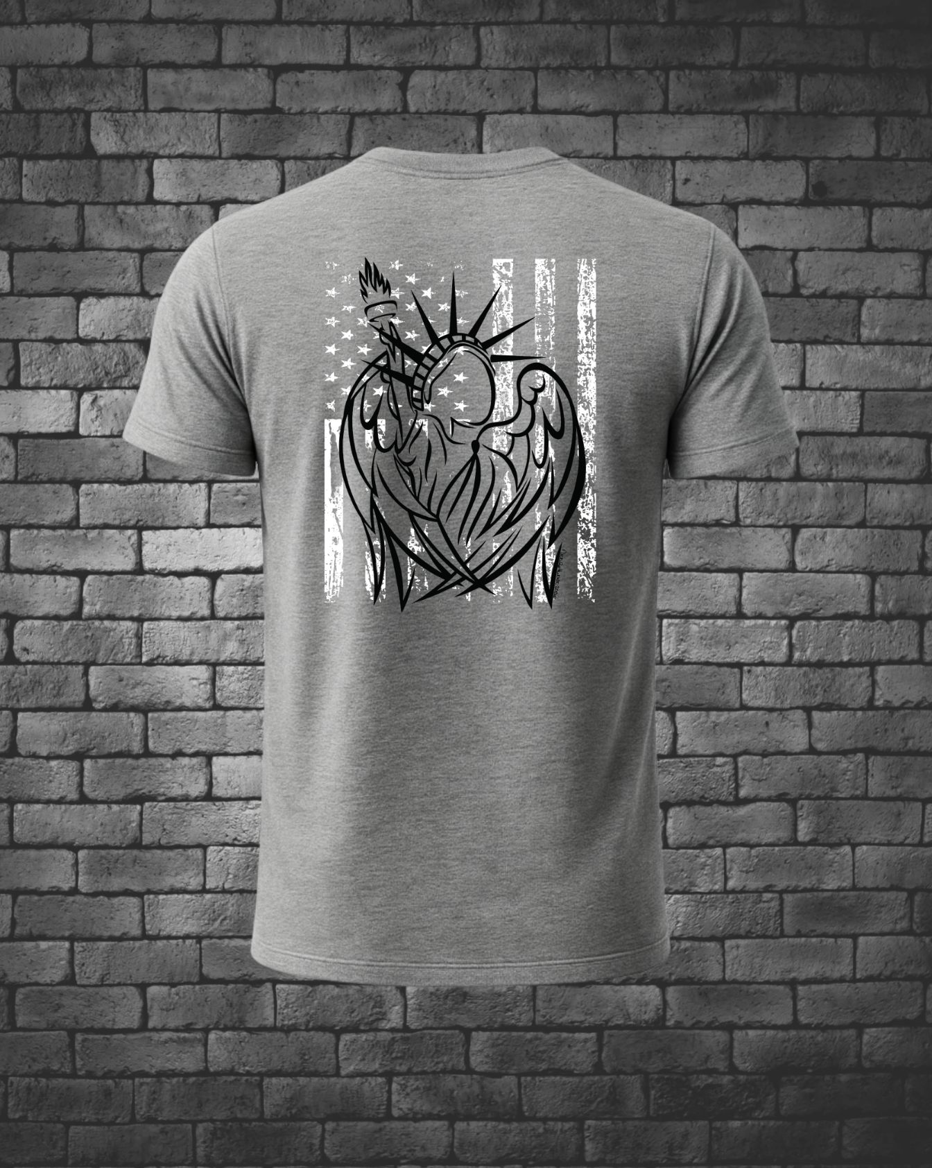 Hand-drawn Statue of Liberty in black over American Flag in white