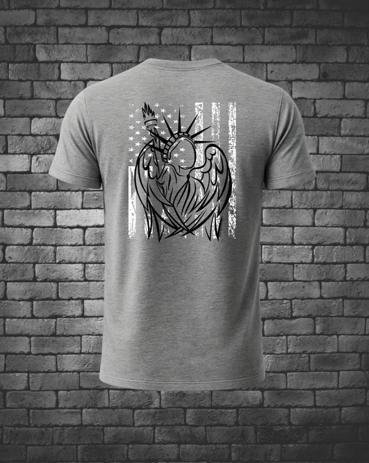Hand-drawn Statue of Liberty in black over American Flag in white