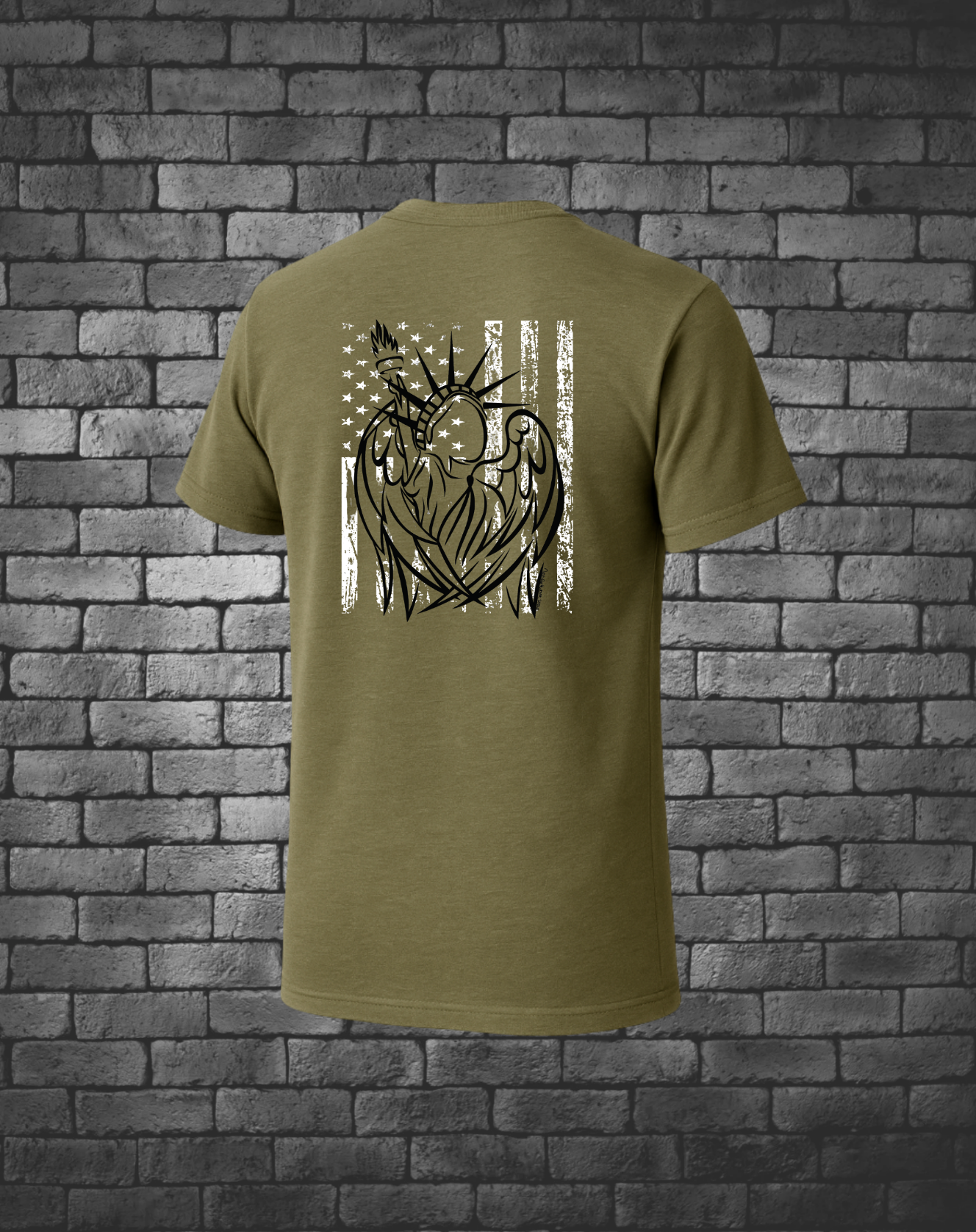 Hand-drawn Statue of Liberty in black over American Flag in white