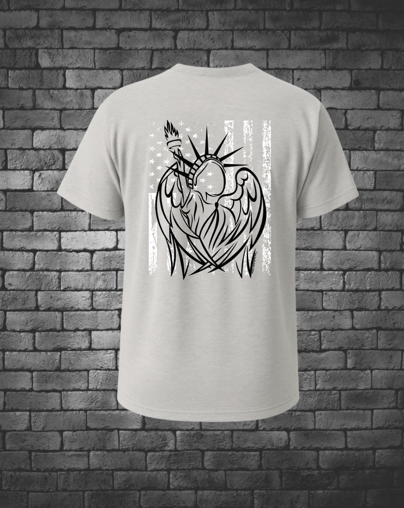 Hand-drawn Statue of Liberty in black over American Flag in white
