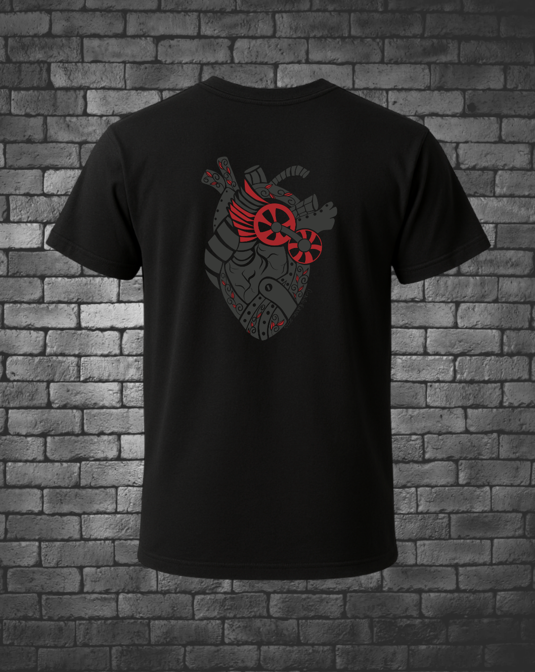 Hand-drawn Steampunk Heart in Grey and Red on back of black T-shirt