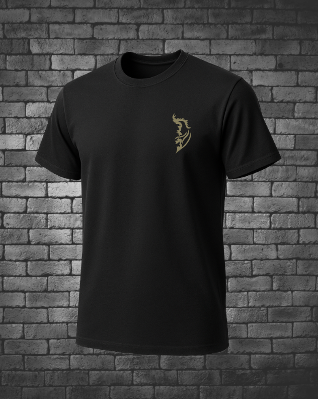 Black T-Shirt with Bronze Angel Wing Logo on front left chest