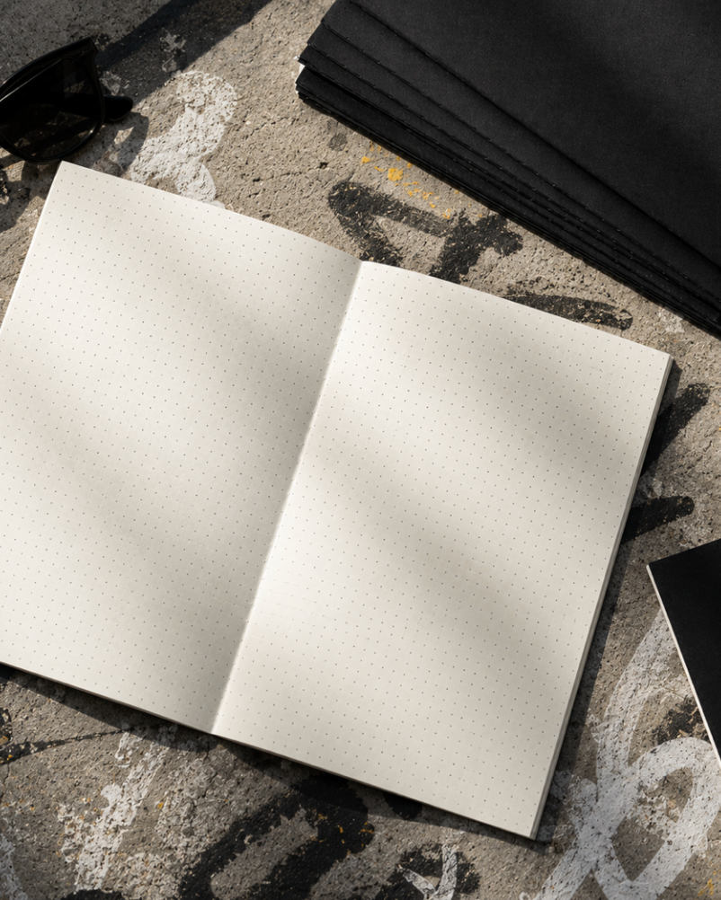 Open soft cover journal showing dotted pages for writing and sketching