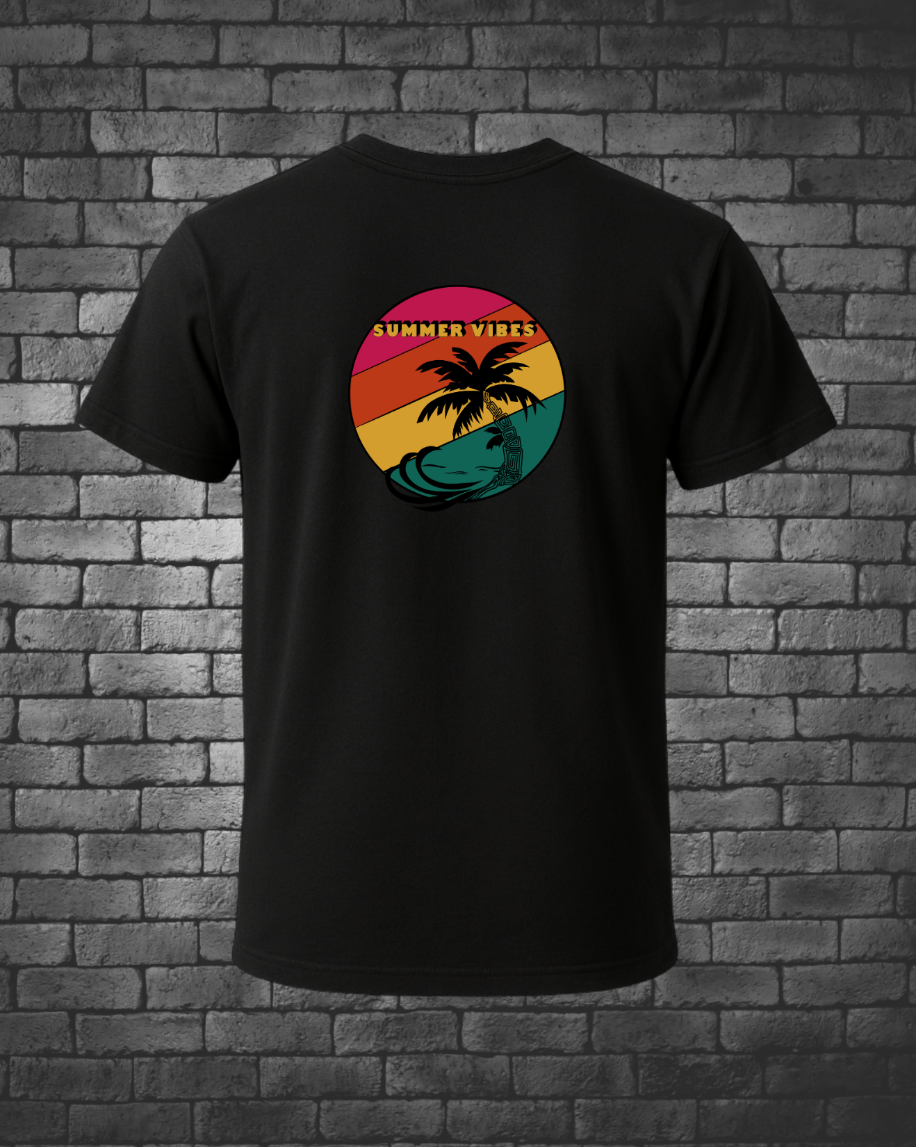 Hand-drawn Palm Tree with Waves in Circle of bright colors, Pink, Orange, Yellow and Green