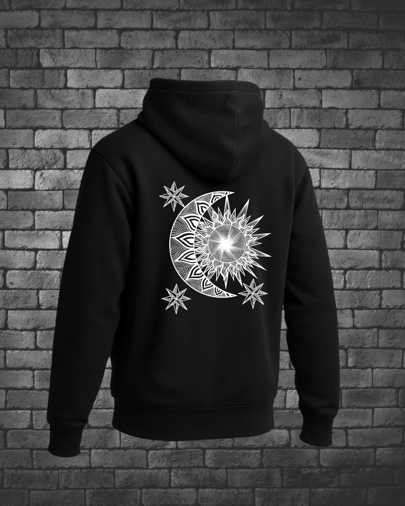 Hand-drawn White Sun & Moon with three stars on back center hoodie