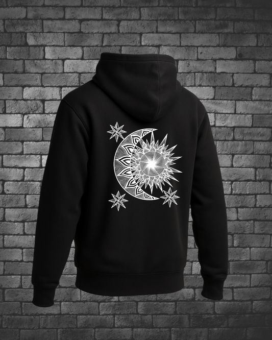 Hand-drawn White Sun & Moon with three stars on back center hoodie