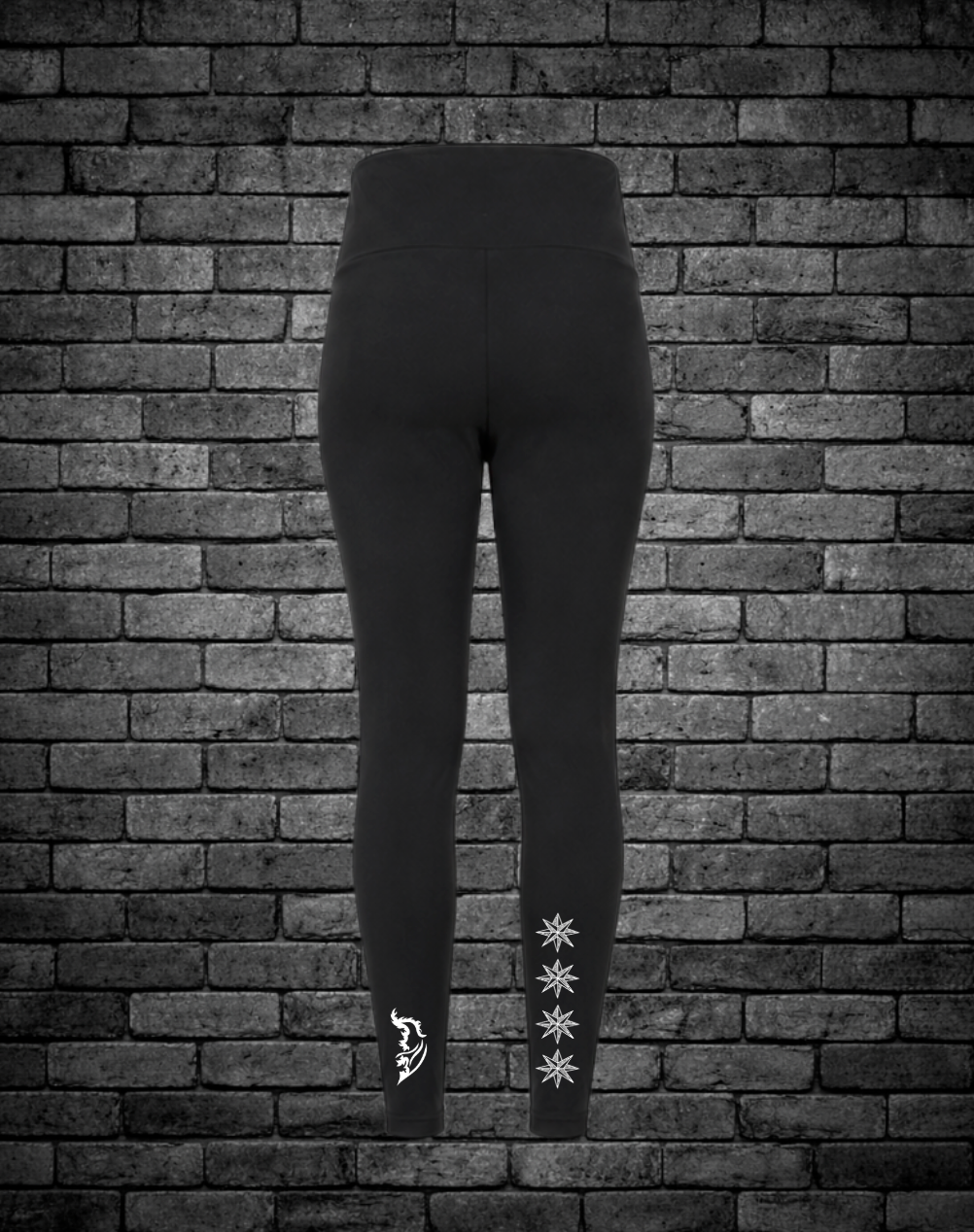 Black leggings with white Hand-drawn Stars on back of leg and logo on back of other leg  on a brick wall background