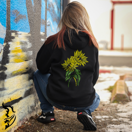 Black Hoodie with Gold Lined Sunflowers on back of hoodie