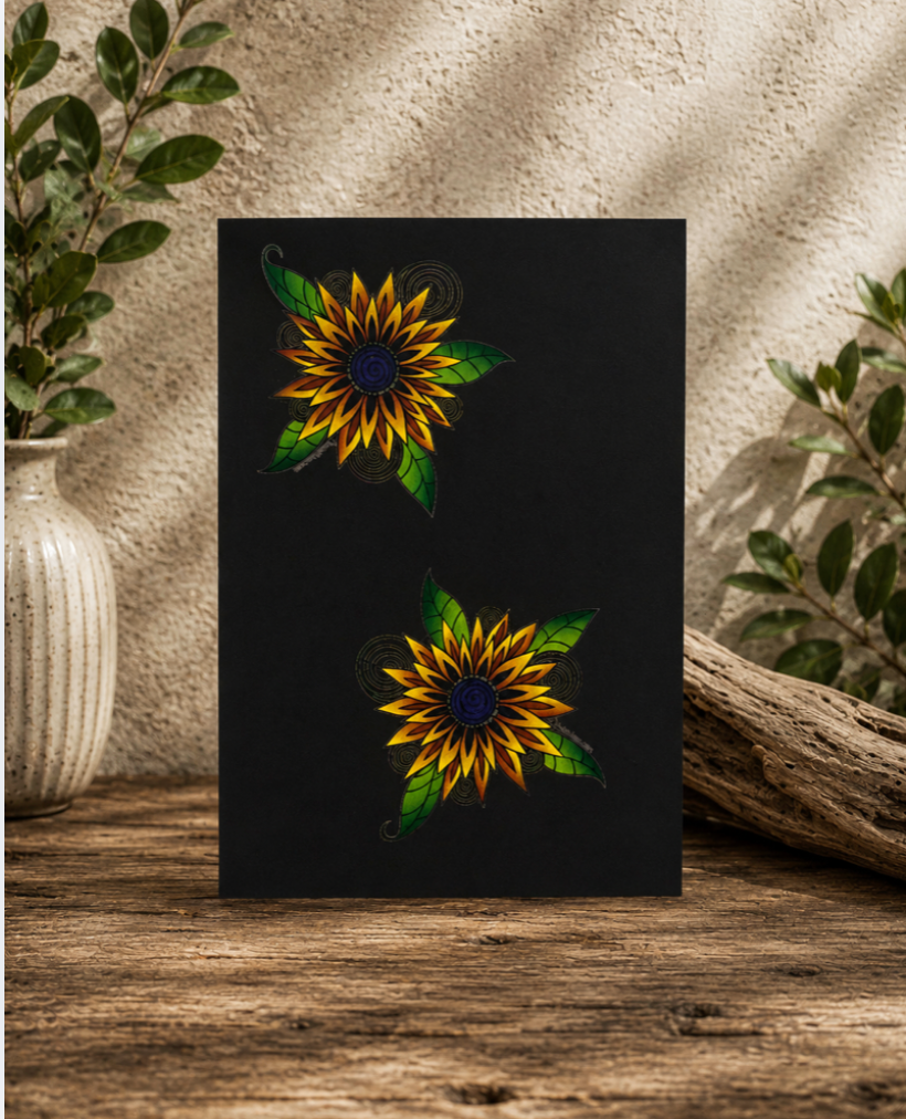 Black soft cover journal with hand-drawn Sunflower design by Street Style by Nickola
