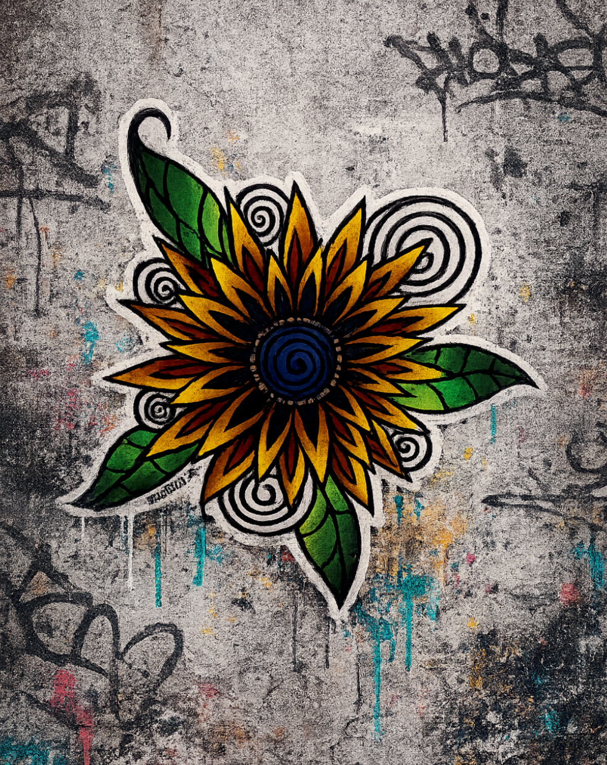 Hand-drawn sunflower decal displayed against a gritty Street Style by Nickola graffiti wall background, featuring layered yellow and orange petals, green leaves, and black spiral accents in an urban street-art aesthetic.