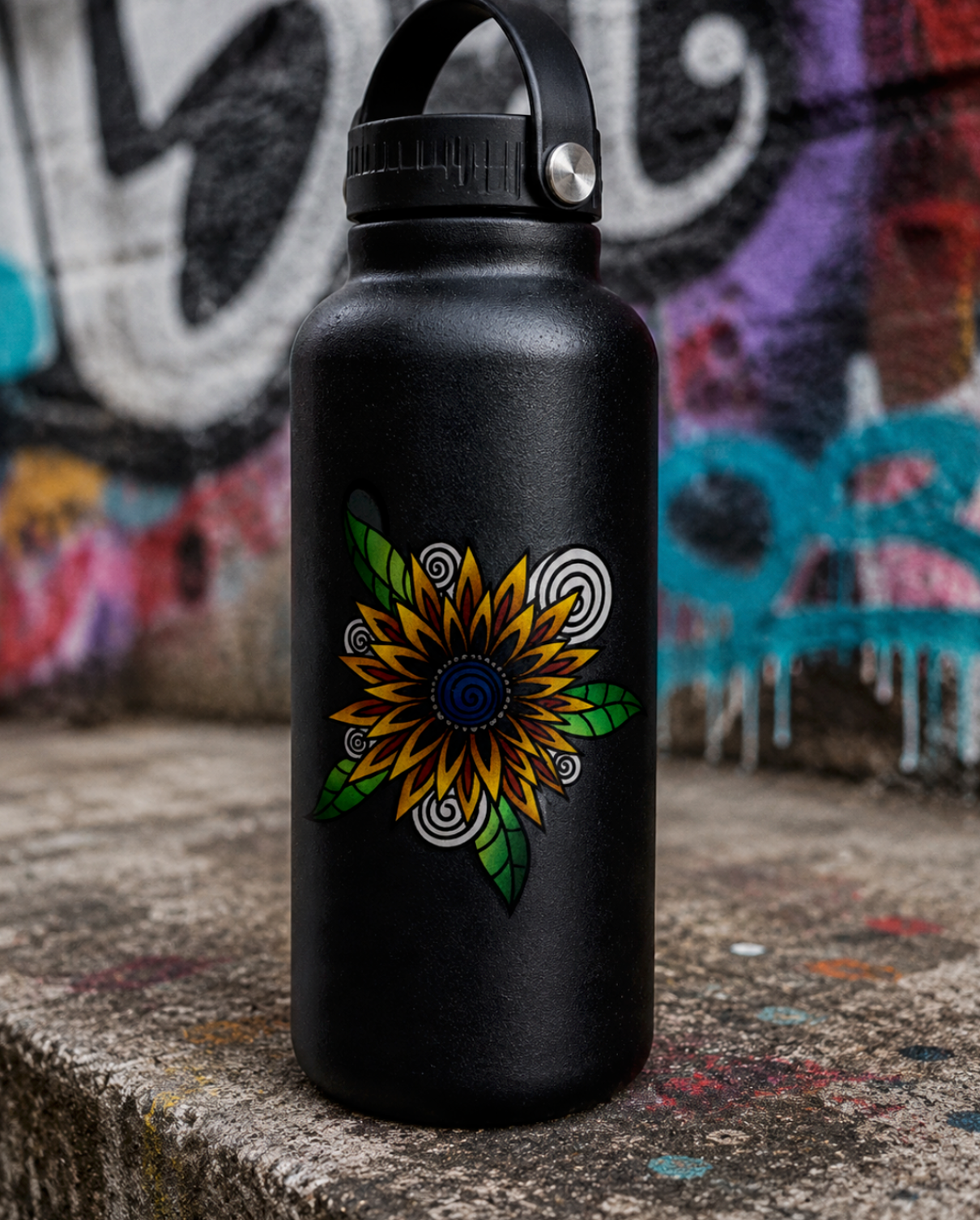 Matte black stainless steel water bottle featuring a hand-drawn sunflower sticker with no border, styled in a bold Street Style by Nickola urban graffiti setting with textured concrete and colorful spray paint details.