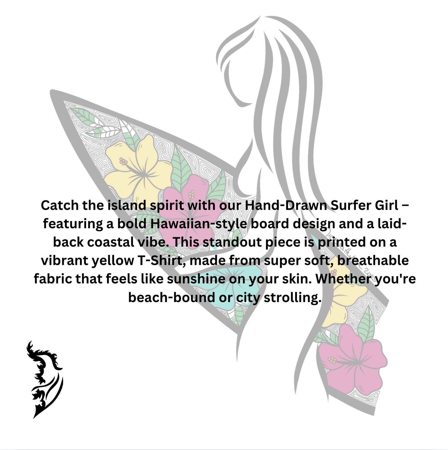 Catch the island spirit with our Hand-Drawn Surfer Girl &nbsp;– featuring a bold Hawaiian-style board design and a laid-back coastal vibe. This standout piece is printed on a yellow men's tee, made from super soft, breathable fabric that feels like sunshine on your skin.