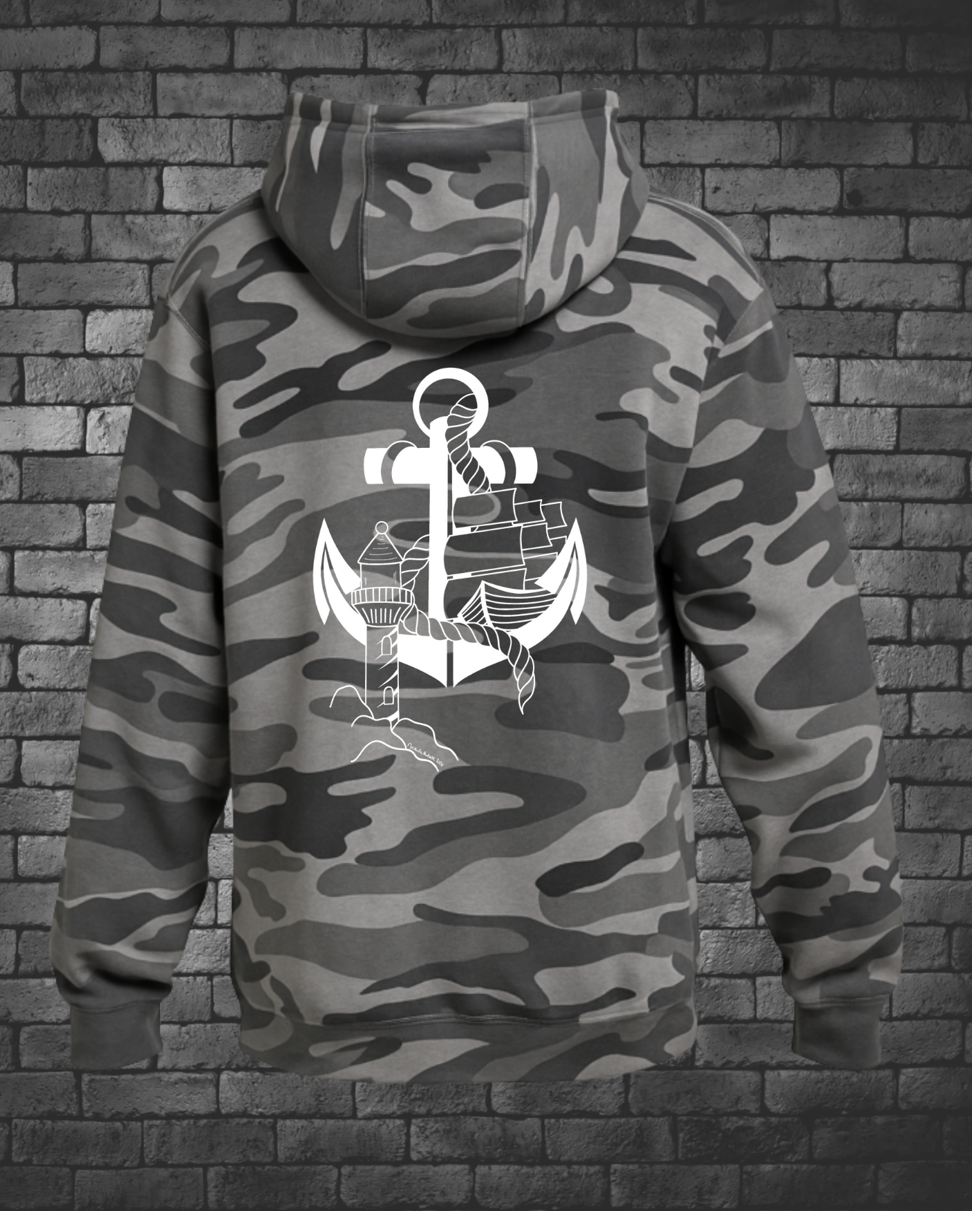 Hand-drawn Anchor with Lighthouse and Ship 