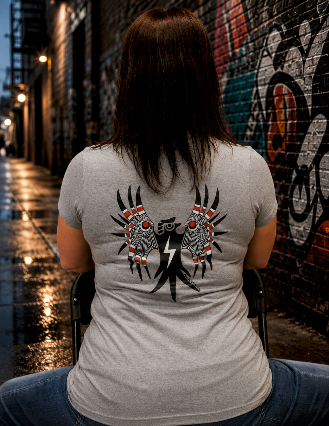The heather gray T-shirt features a large original hand-drawn thunderbird graphic in black, white, red, and gray across the back, creating a bold streetwear look against the industrial city backdrop.