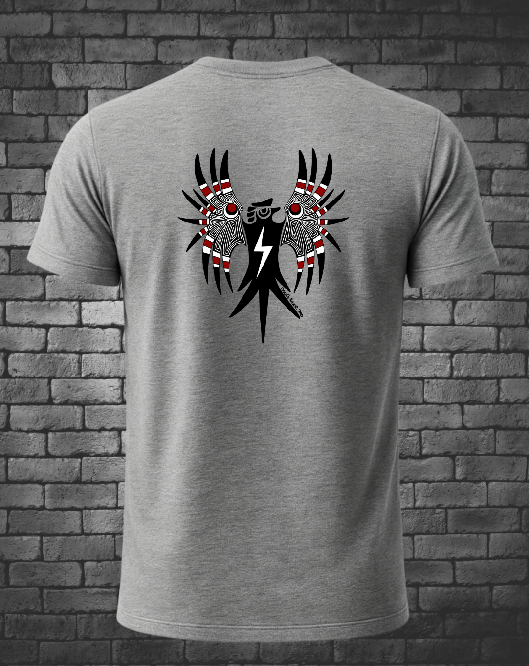 Hand-drawn Thunderbird in black red and white on heather grey men's t-shirt