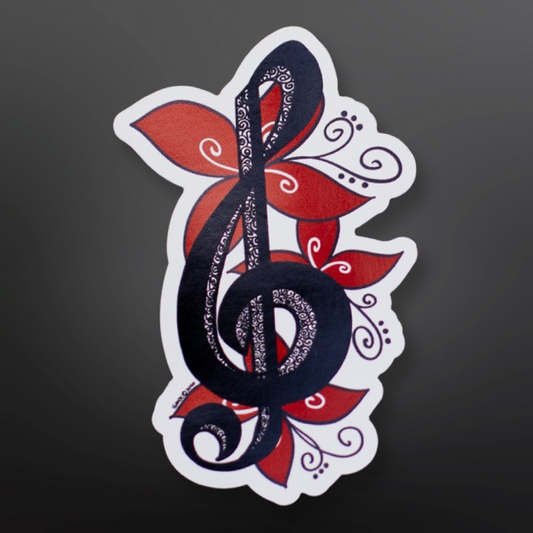 Hand-drawn treble clef vinyl sticker in black with red floral accents and decorative swirls.