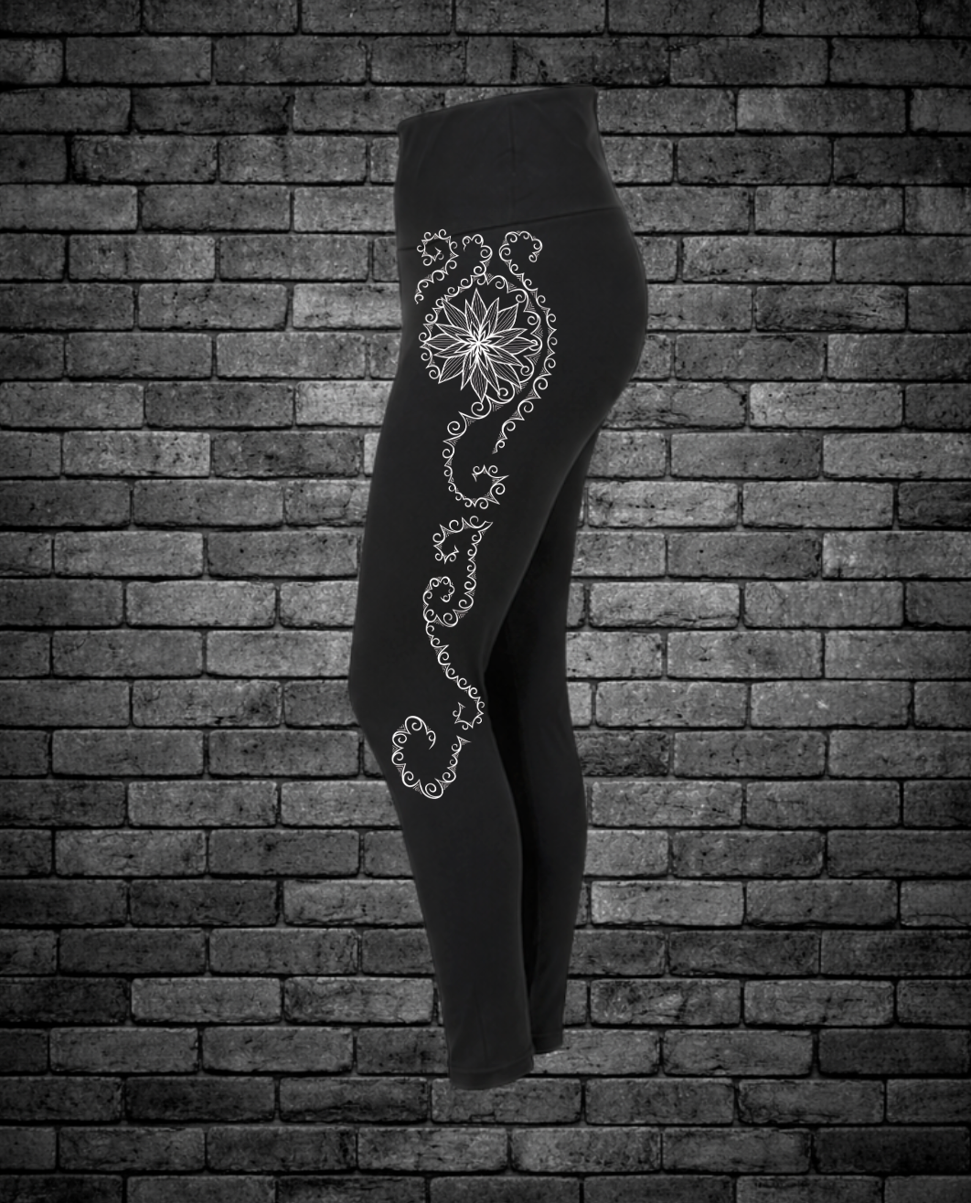 Hand-drawn Tribal design down side of leggings
