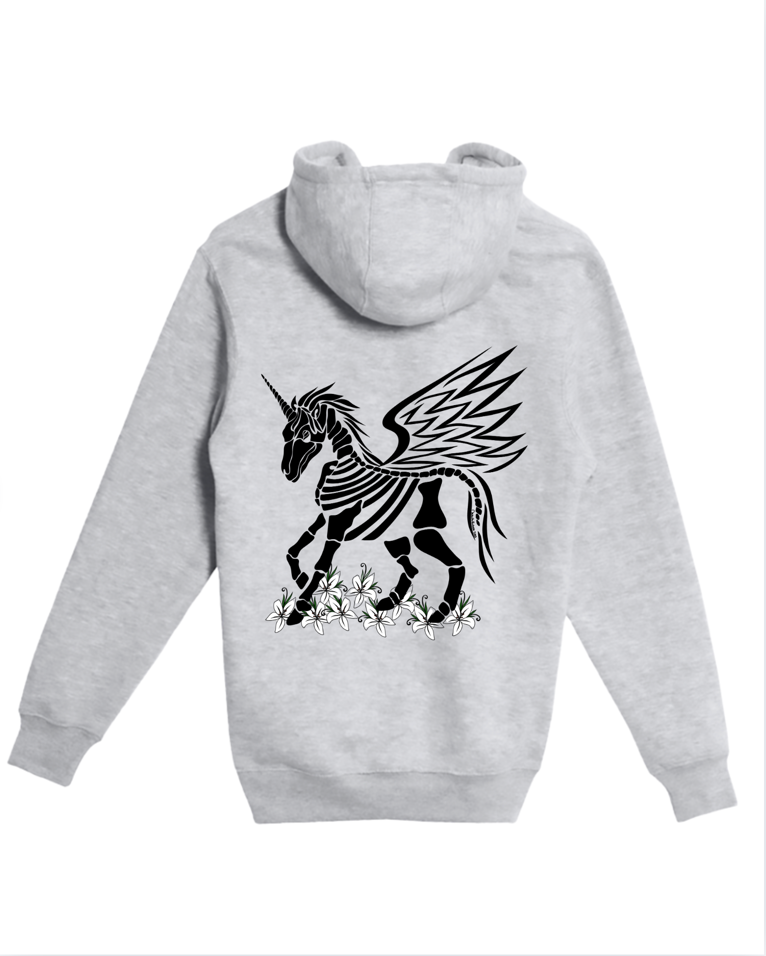 Gray hoodie with a hand-drawn black skeleton unicorn with wings and white lilies design on the back 