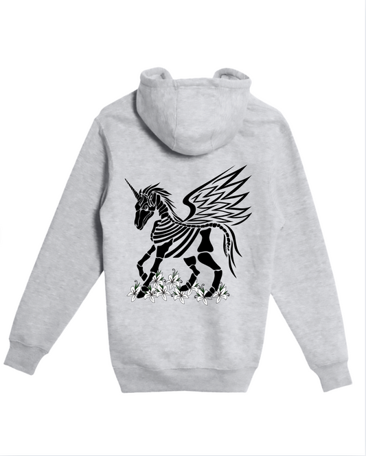Gray hoodie with a hand-drawn black skeleton unicorn with wings and white lilies design on the back 