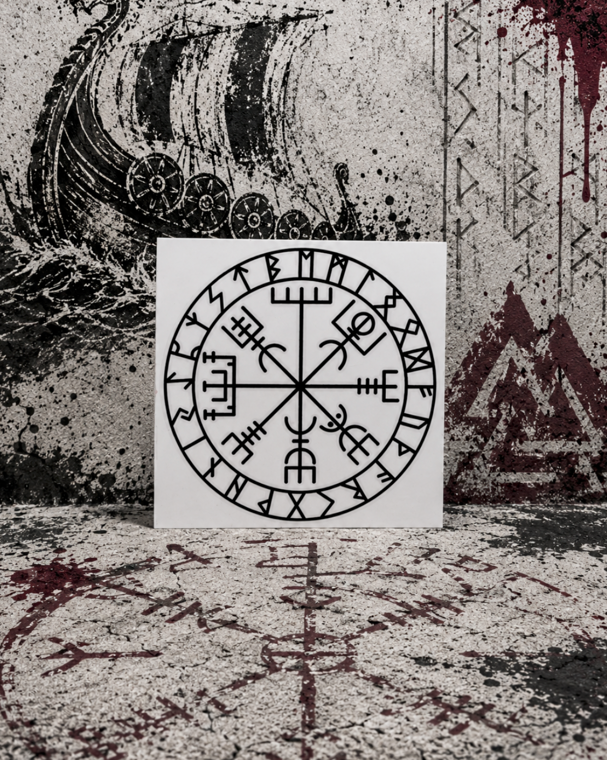 Black UV vinyl sticker featuring a hand-drawn Viking Compass (Vegvísir) Nordic symbol in black line art, representing guidance, protection, and finding your path.