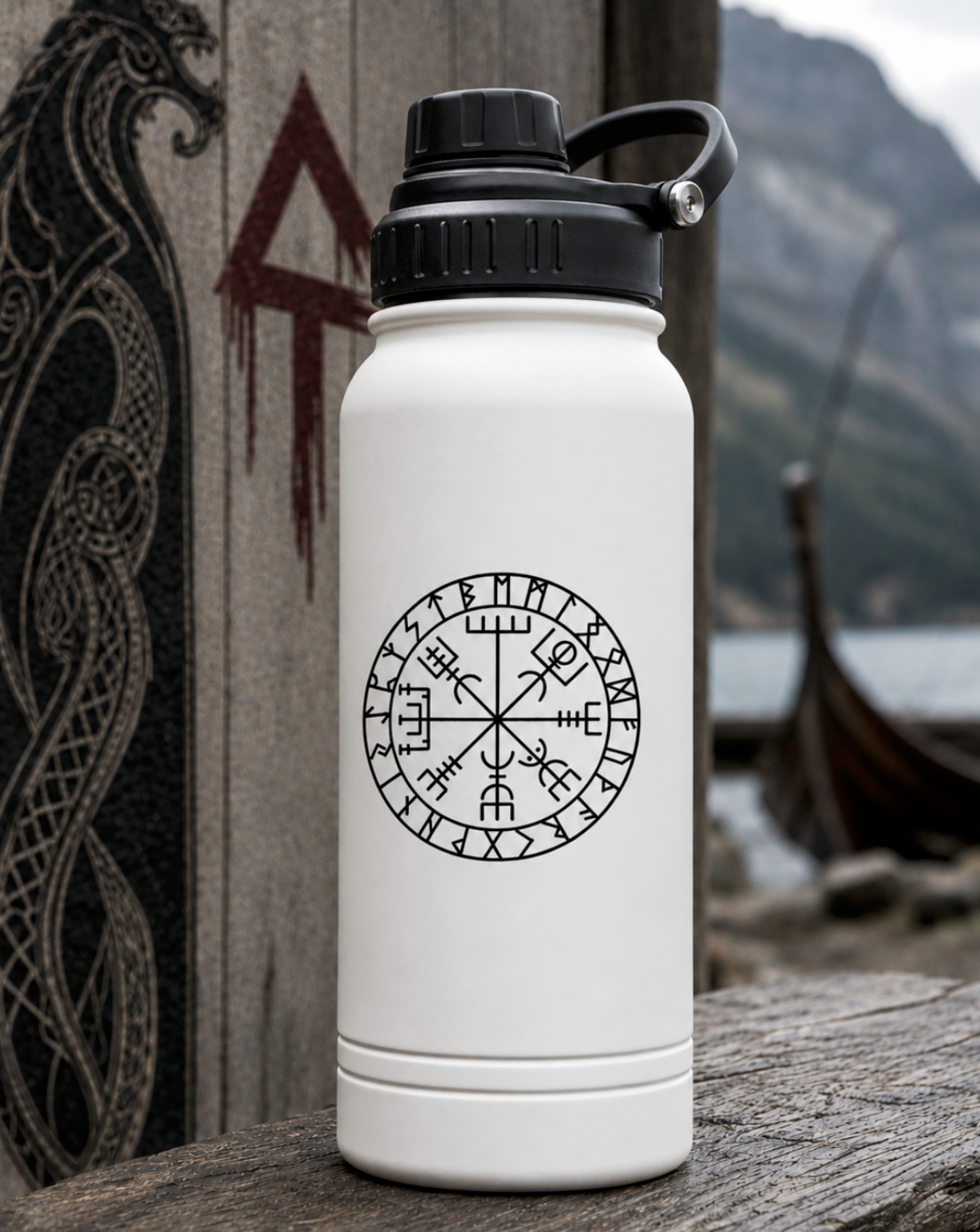 White insulated water bottle featuring a black Viking Compass (Vegvísir) design centered on the front. The Nordic symbol is illustrated with intricate rune-inspired details, representing guidance, protection, and finding one's path. The bottle is displayed against a rugged Viking-inspired outdoor backdrop with mountains, water, and carved Nordic artwork.