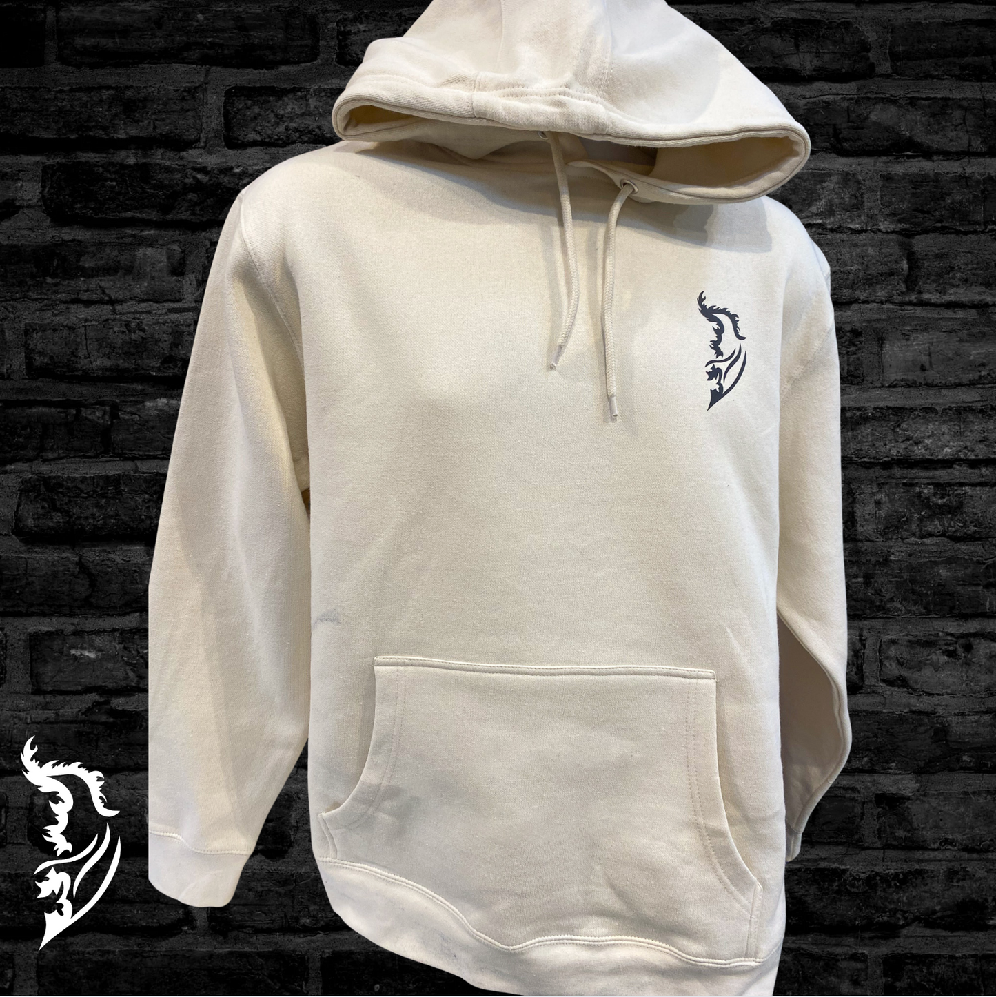 Sand-stone color Wolf Hand-drawn Fleece Hoodie with an angel wing logo on the front chest.