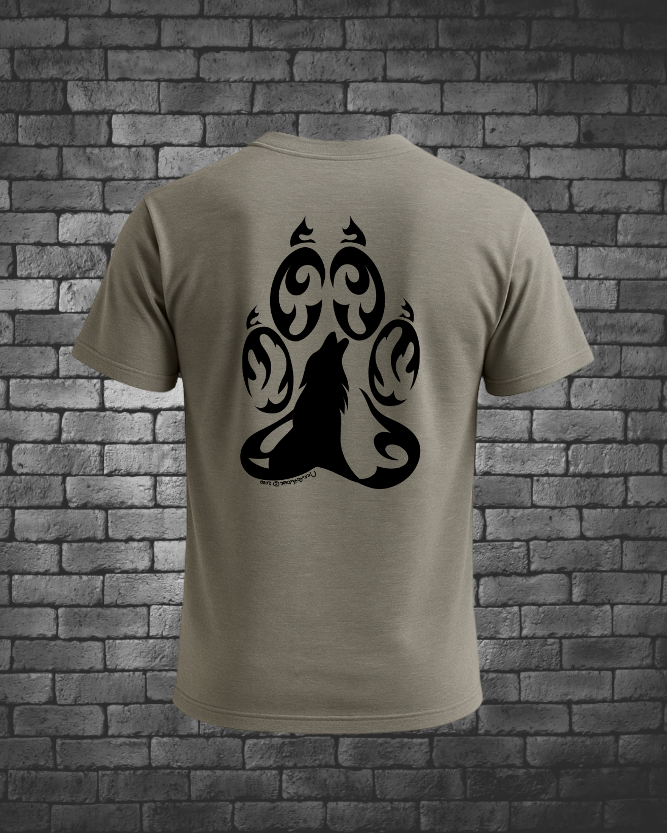 Black Hand-draw Wolf Paw with Howling Wolf in Center