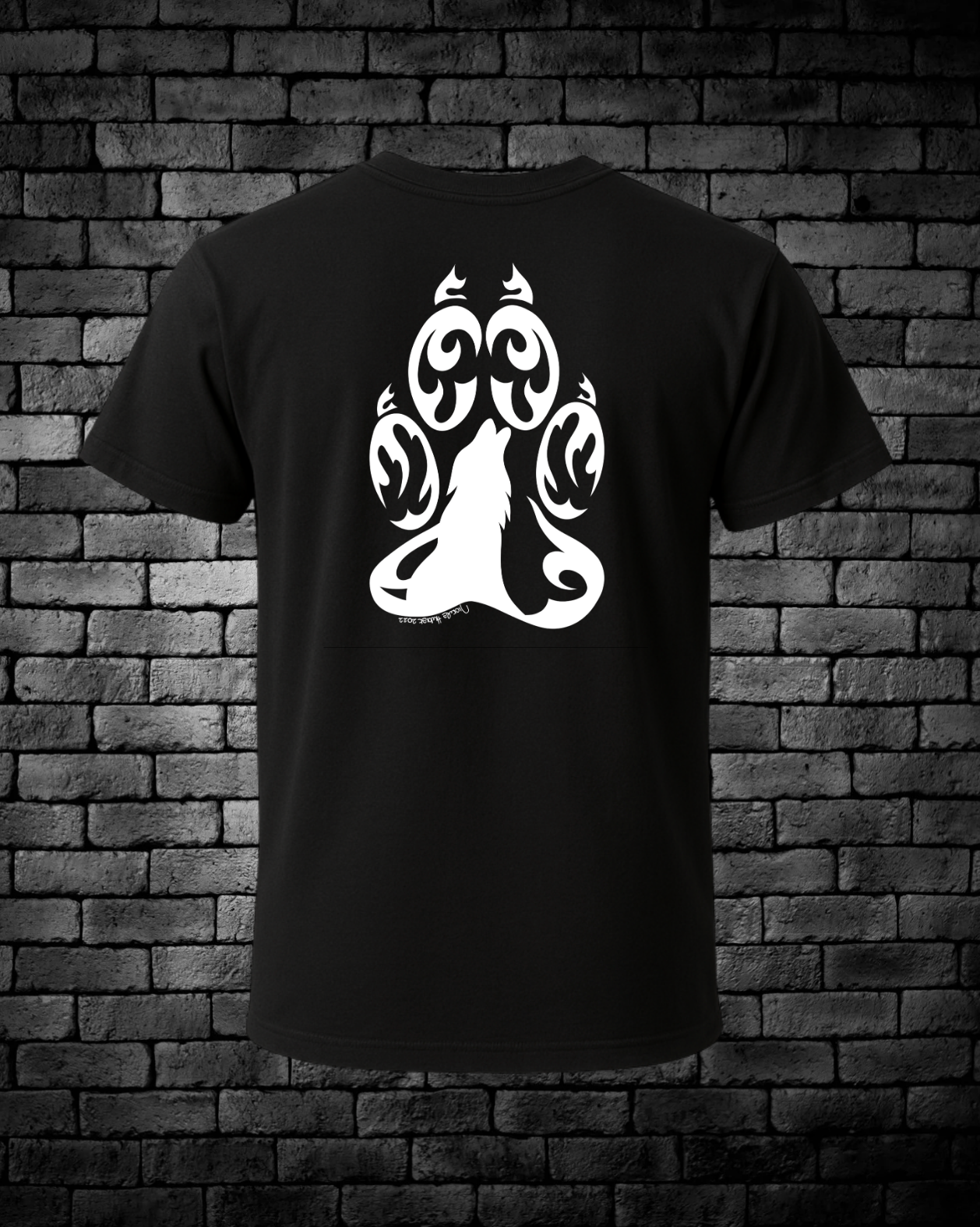 White Hand-Drawn Wolf Paw with Howling Wolf in the middle