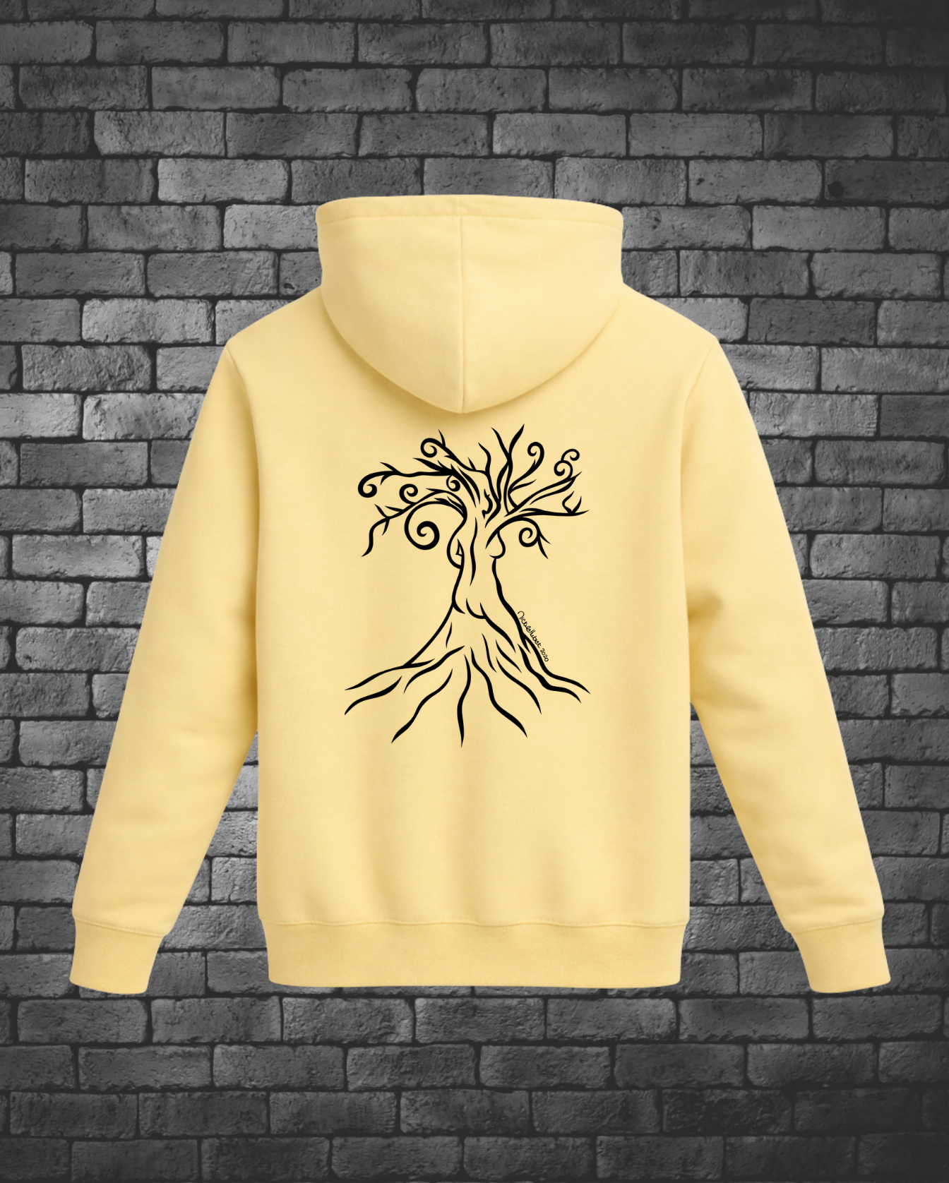 Black Hand-drawn Woman in a Tree on back center of hoodie