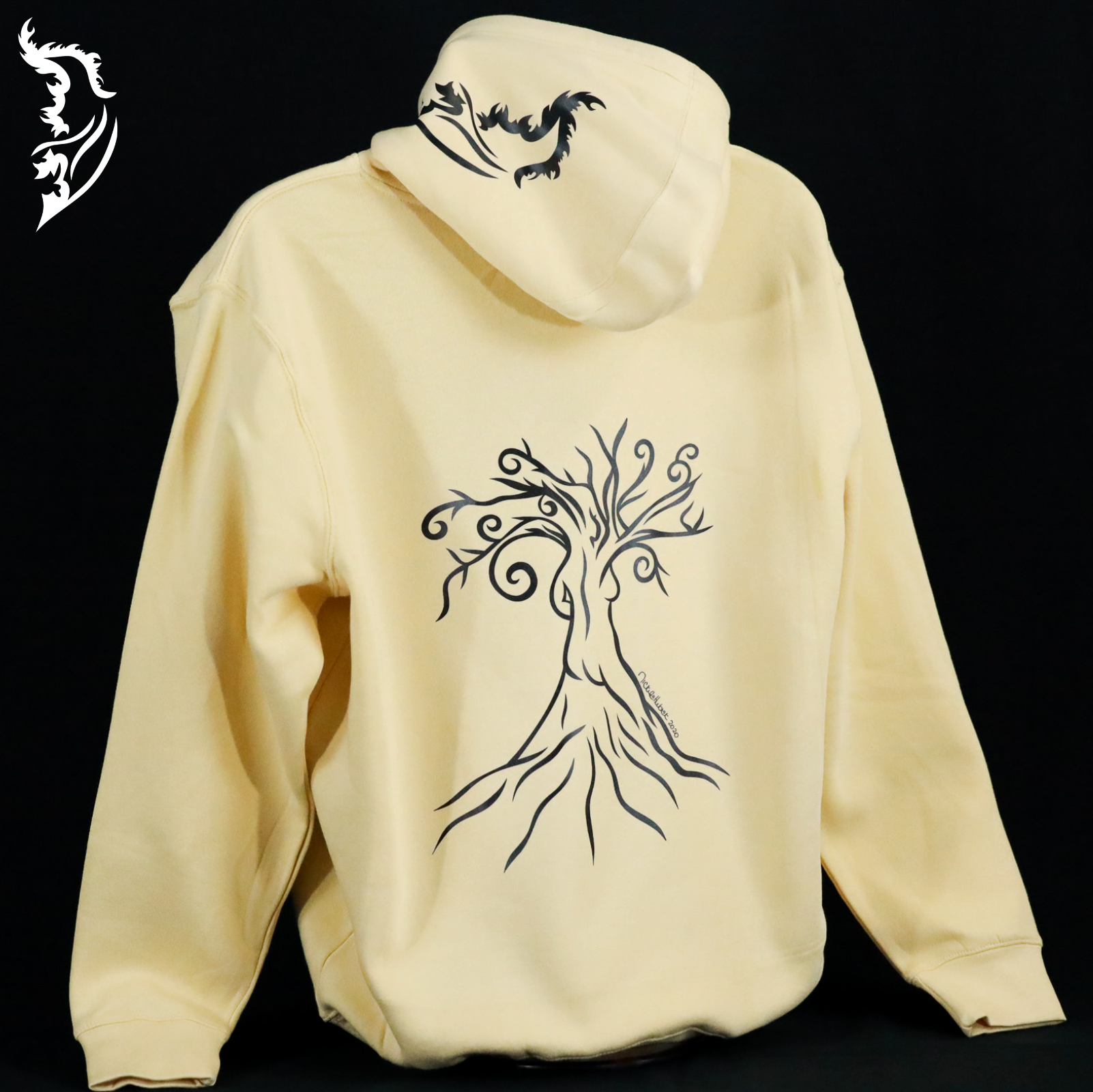 Hand-drawn lined design of woman in a tree on back center of Hoodie in black - Large Black Angel Wing Logo on left side of hood