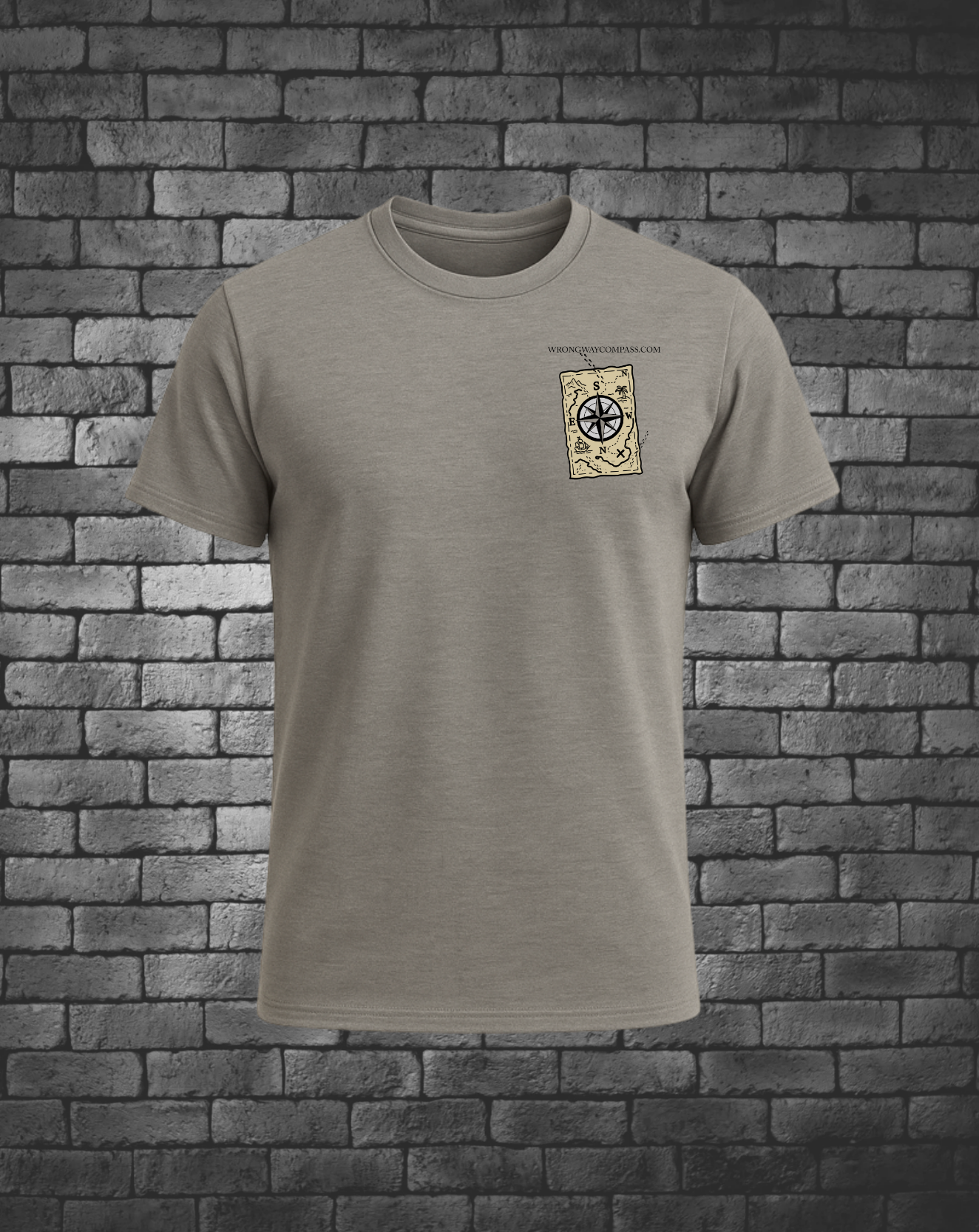 Wrong Way Compass Design as logo on front left chest 