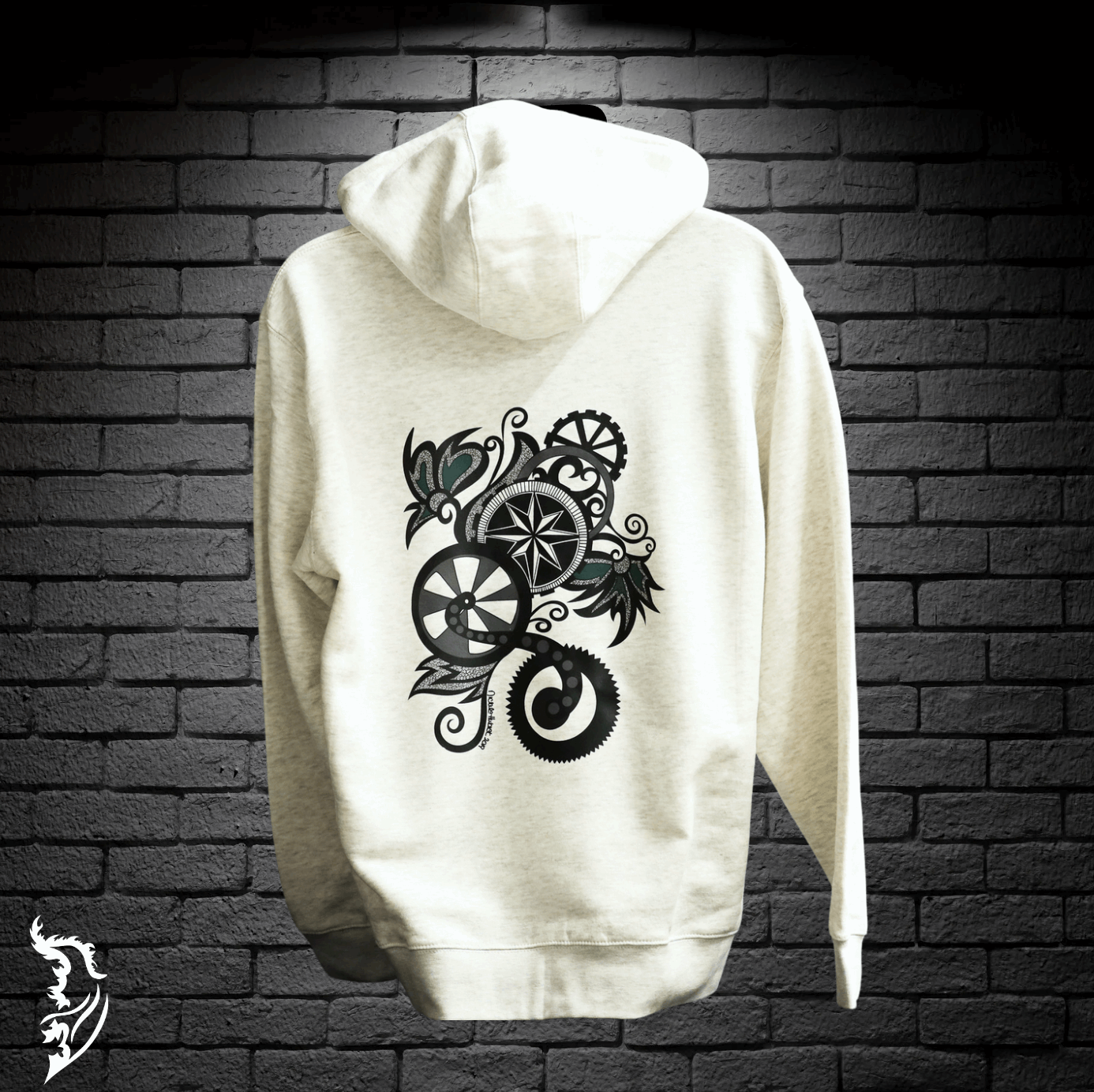 Gears & Flowers Zip Up Hand - drawn Hoodie