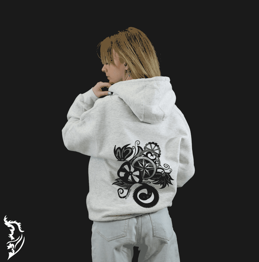 Gears & Flowers Zip Up Hand - drawn Hoodie