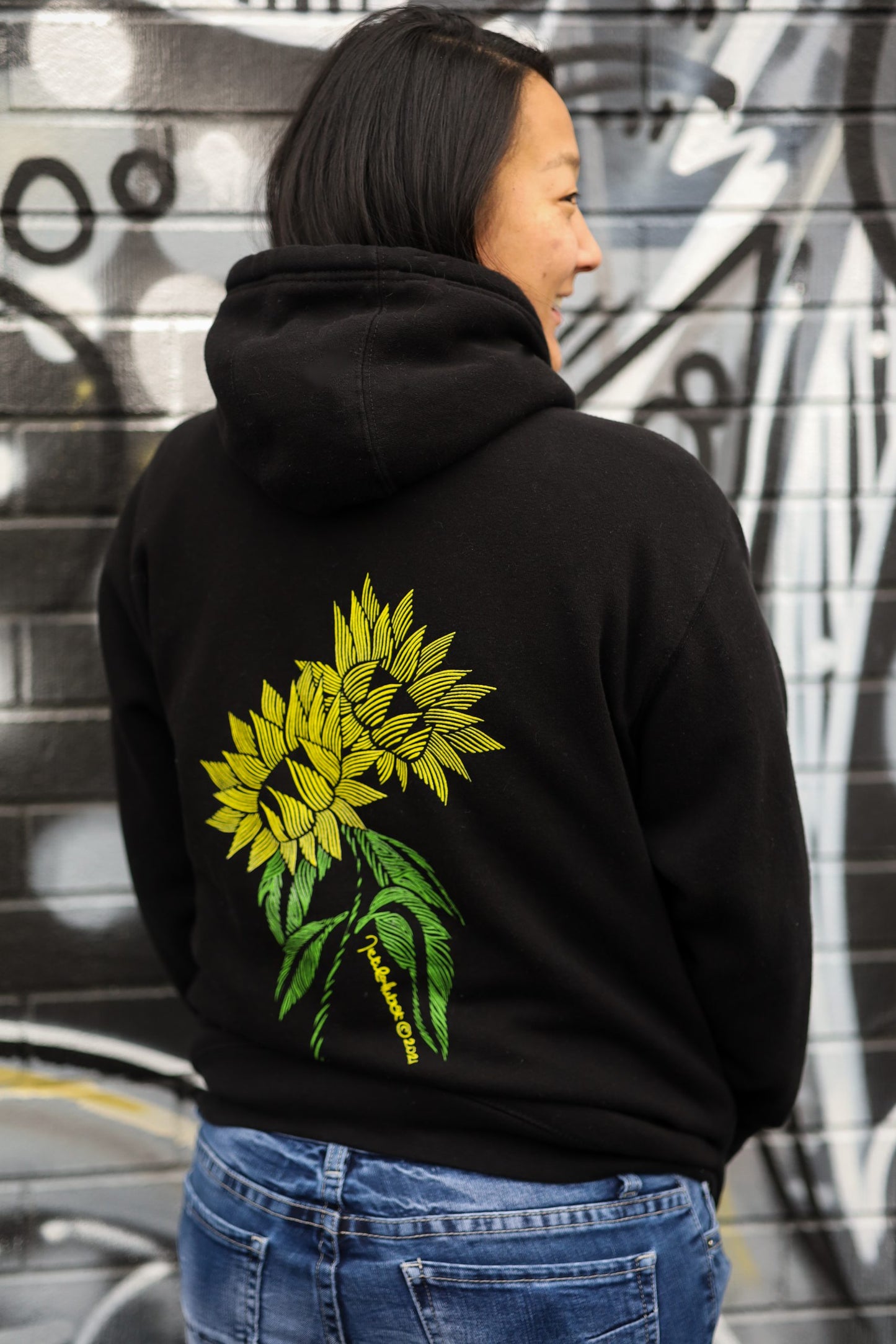 Sunflower Hand-drawn Fleece-Lined Hoodie