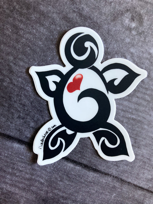 Black tribal-style turtle vinyl sticker with flowing curved lines and a red heart at the center, symbolizing love, longevity, and wisdom.